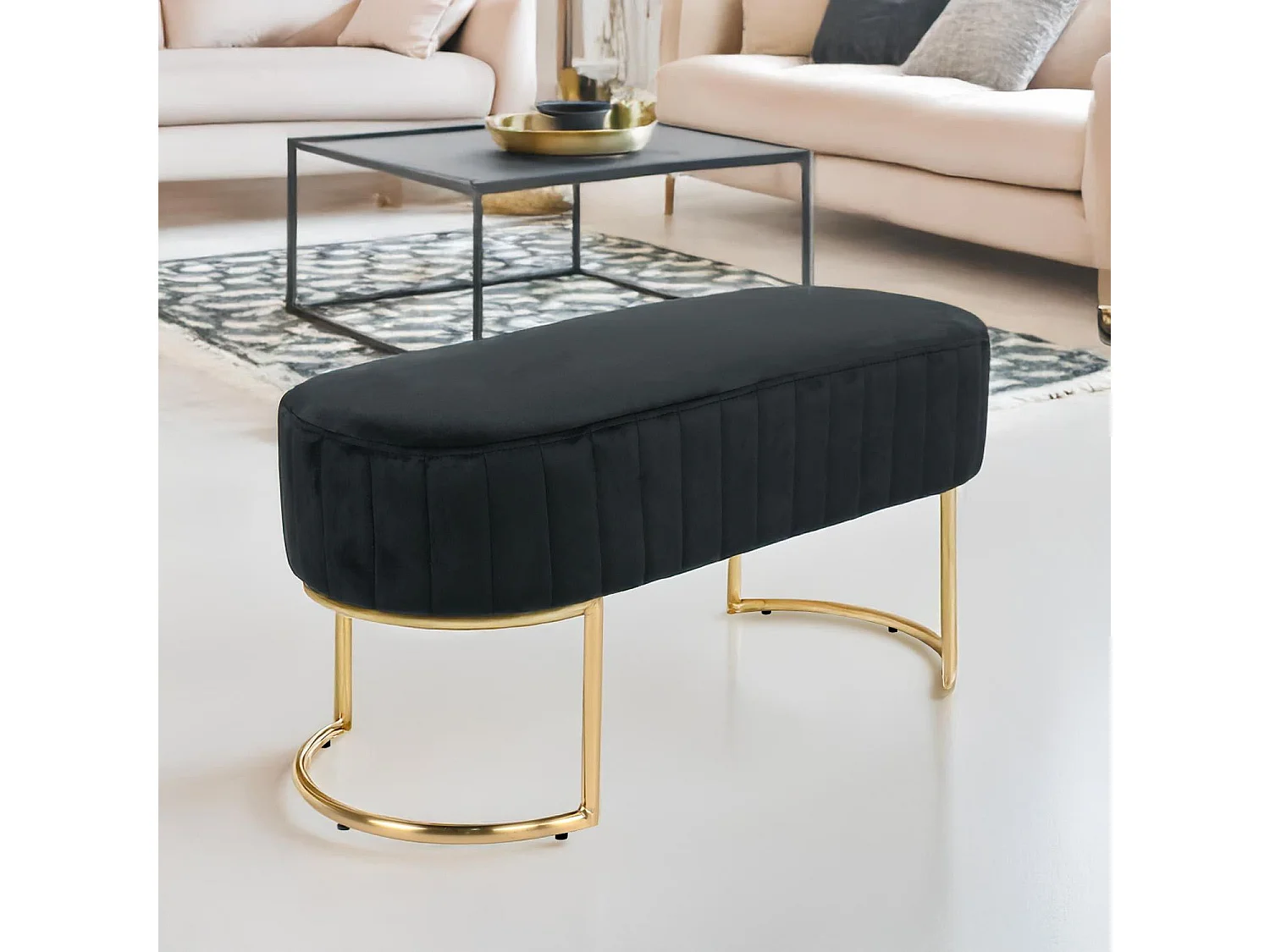 Banquette élégante matelassée Philomena pieds métal doré et Velours Noir