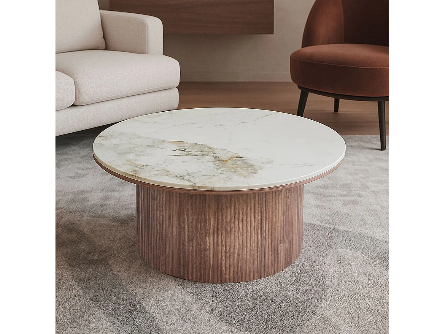 Table basse moderne ronde 80cm Eglantine Bois et Céramique Effet marbre Blanc