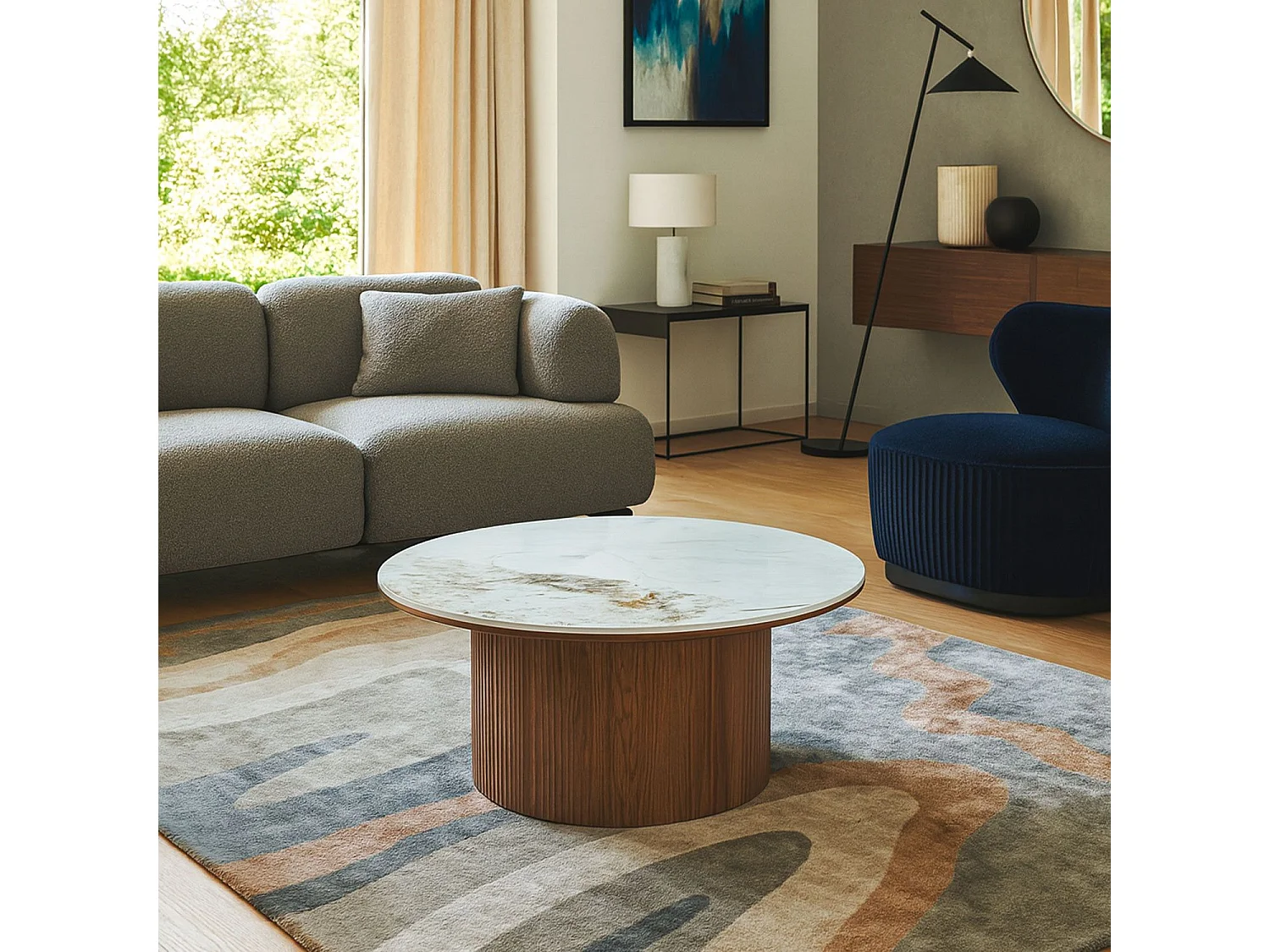 Table basse moderne ronde 80cm Eglantine Bois et Céramique Effet marbre Blanc