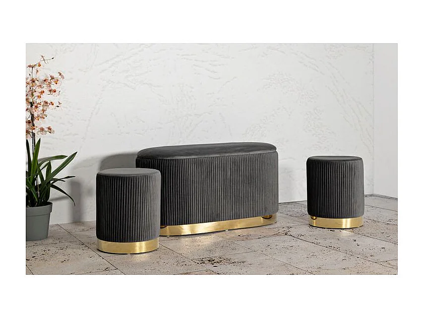Banc Shopy gris avec rangement et 2 tabourets