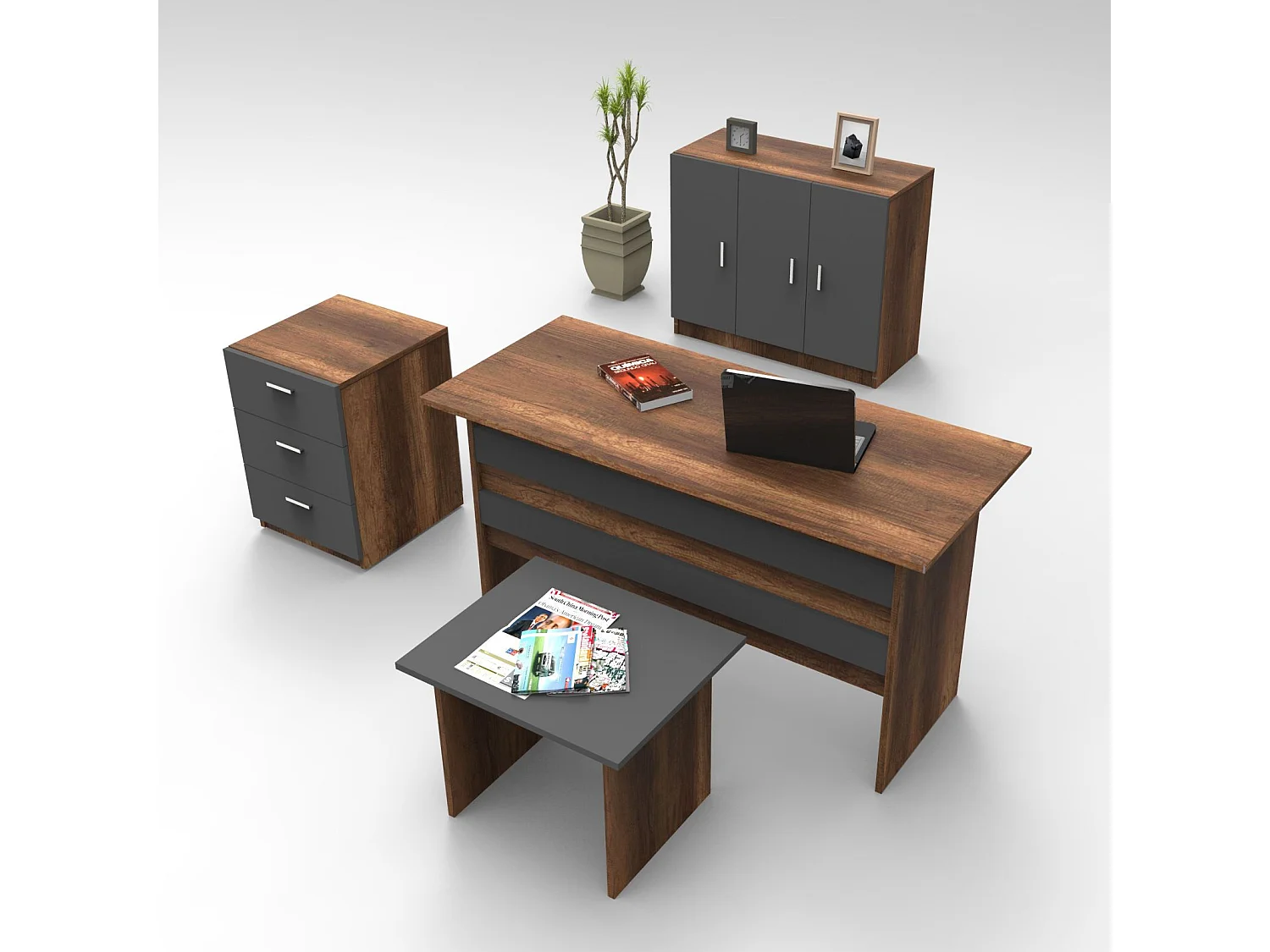Bureau, armoire, commode et table basse Busymo Chêne foncé et Noir