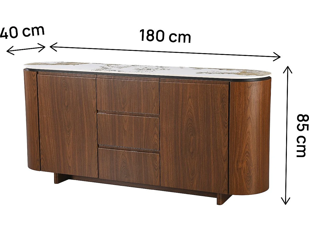 Buffet de Madeira Marrom Moderno com Pedra Cerâmica Marmorizada - 180 x 40 x 85 cm
