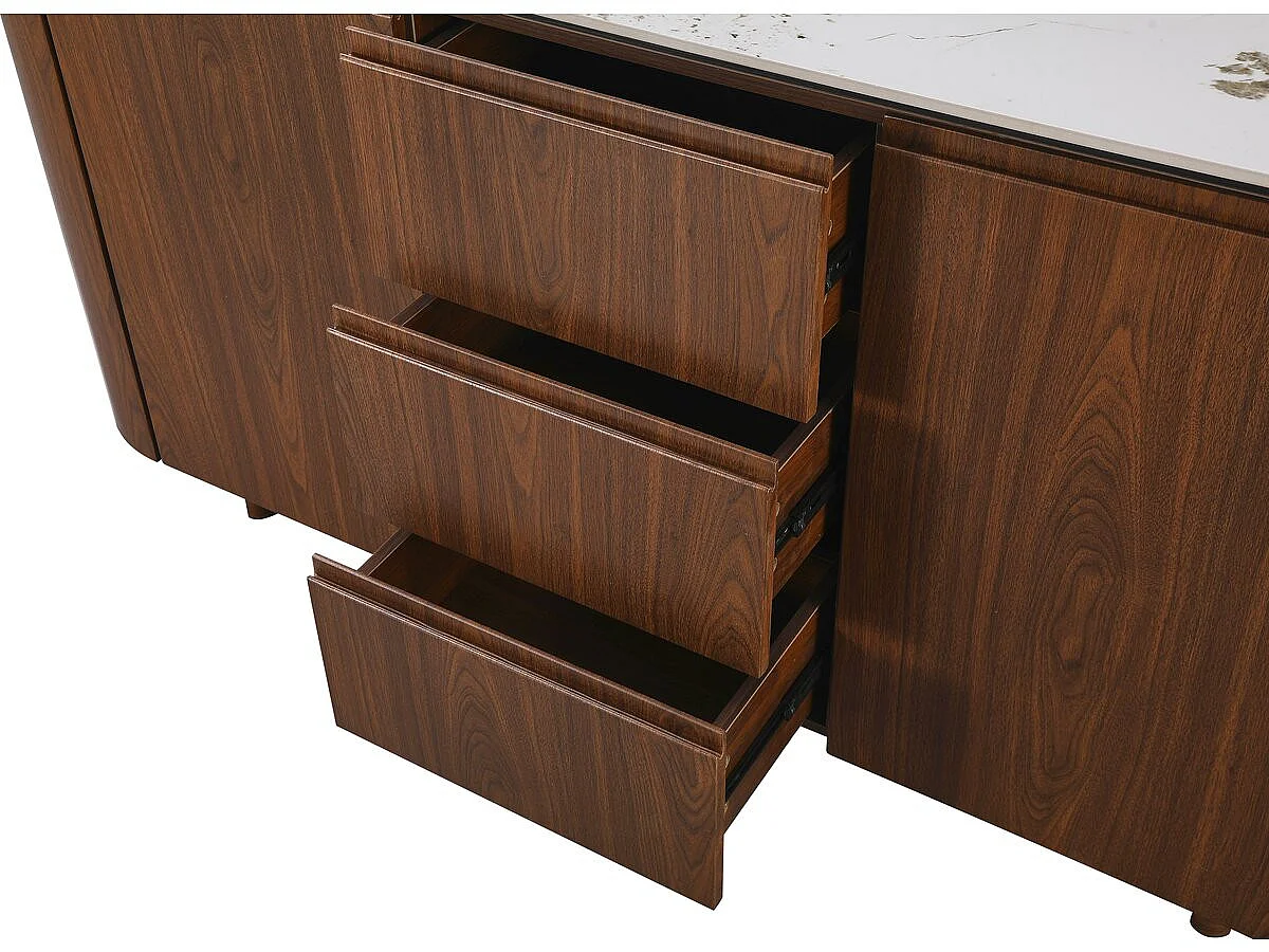 Buffet de Madeira Marrom Moderno com Pedra Cerâmica Marmorizada - 180 x 40 x 85 cm