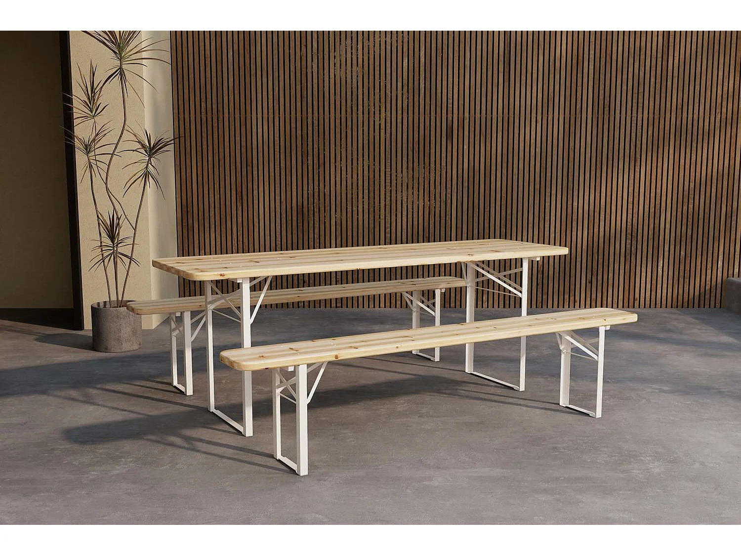 Ensemble Table de Jardin & 2 Bancs "Guiness" 200cm Naturel