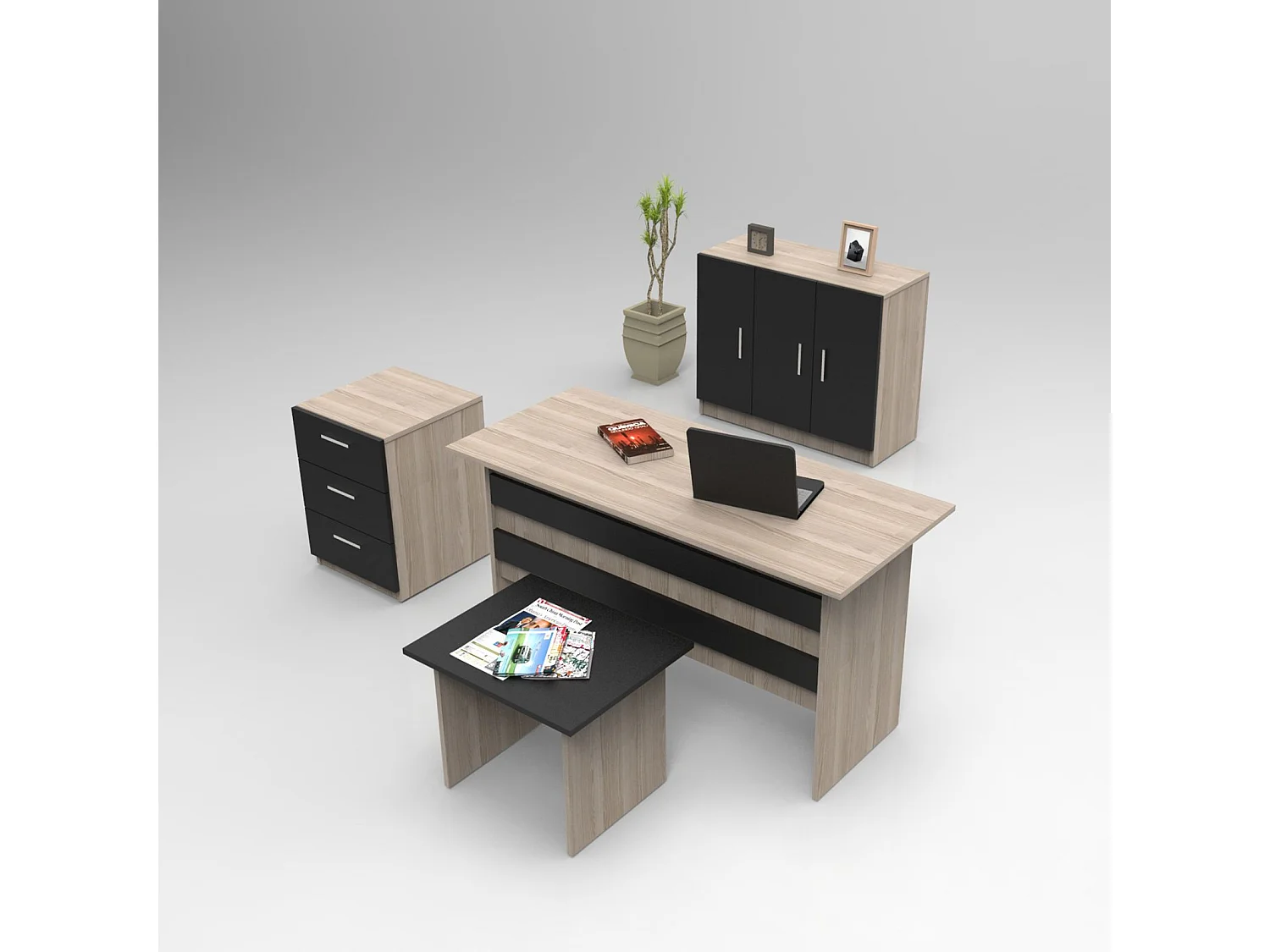 Bureau, armoire, commode et table basse Busymo Chêne clair et Noir