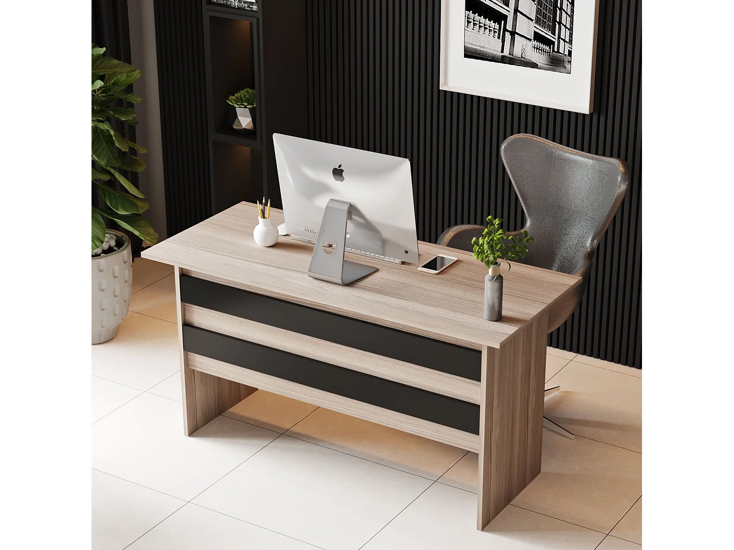 Bureau, armoire, commode et table basse Busymo Chêne clair et Noir
