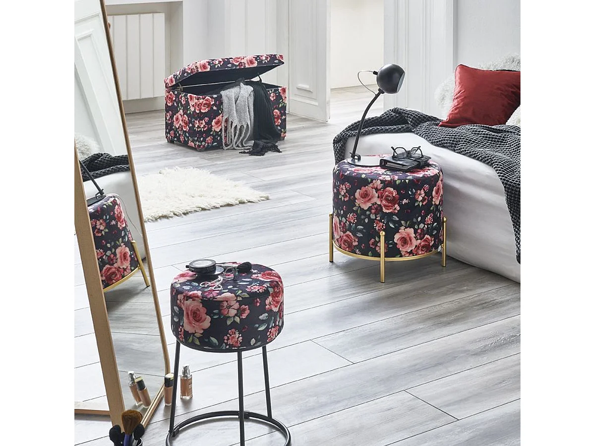 Tabouret en Velours "Motif Fleurs" 48cm Noir & Rose