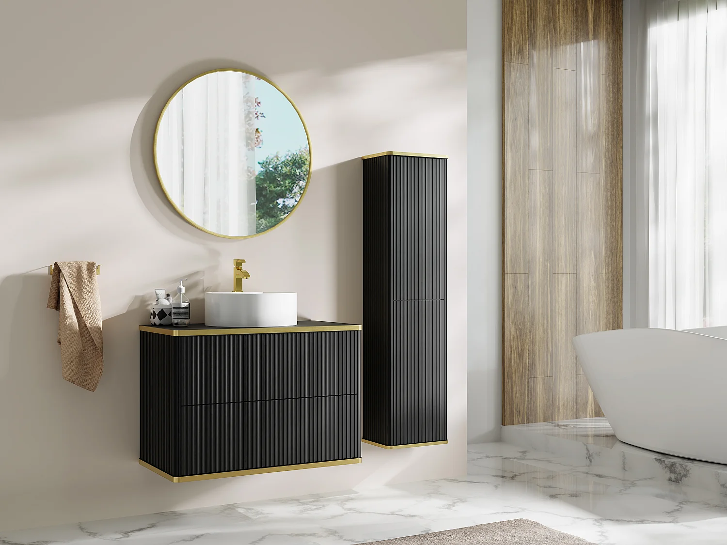 Meuble de salle de bain suspendu strié avec vasque à poser ronde et colonne - Noir - 80 cm - KELIZA