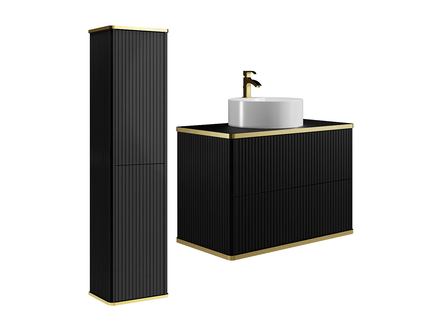Meuble de salle de bain suspendu strié avec vasque à poser ronde et colonne - Noir - 80 cm - KELIZA