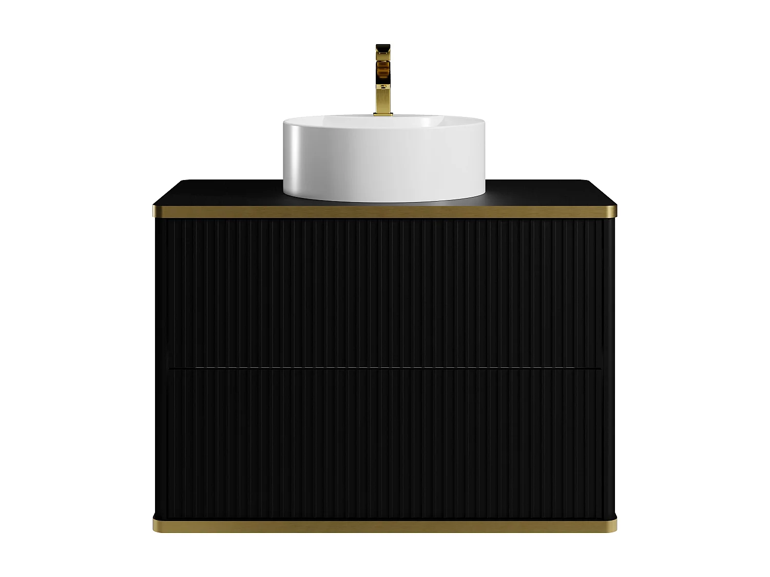 Meuble de salle de bain suspendu strié avec vasque à poser ronde et colonne - Noir - 80 cm - KELIZA