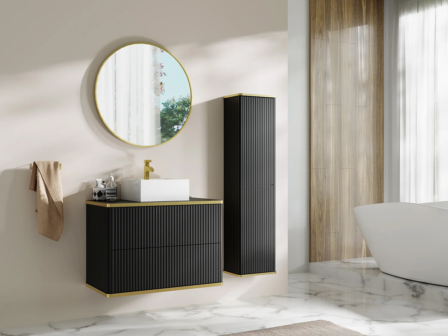 Meuble de salle de bain suspendu strié avec vasque à poser carrée et colonne - Noir - 80 cm - KELIZA