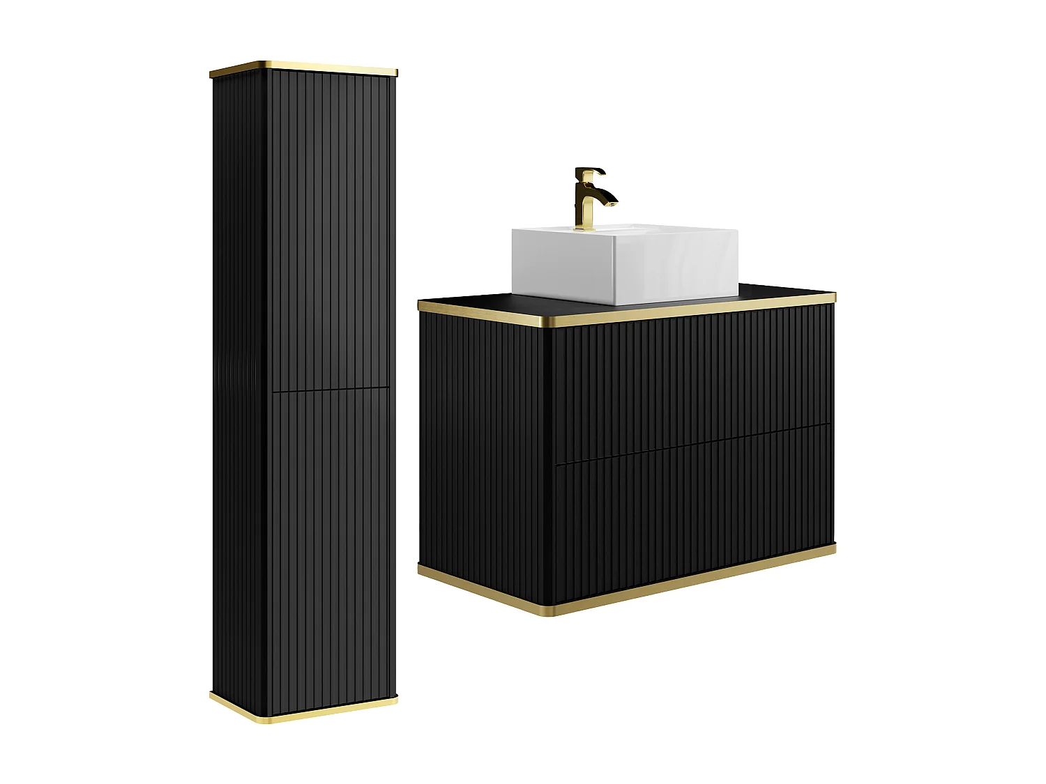 Meuble de salle de bain suspendu strié avec vasque à poser carrée et colonne - Noir - 80 cm - KELIZA