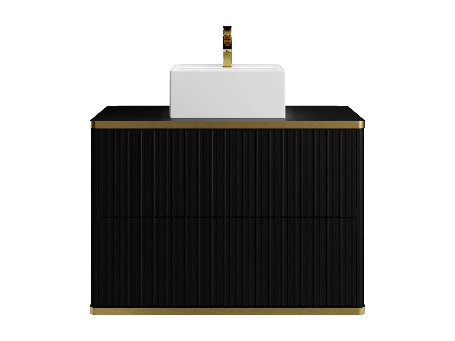 Meuble de salle de bain suspendu strié avec vasque à poser carrée et colonne - Noir - 80 cm - KELIZA