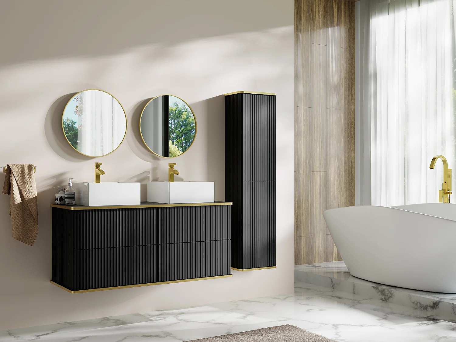 Meuble de salle de bain suspendu strié avec double  vasque à poser carrée et colonne - Noir - 120 cm - KELIZA