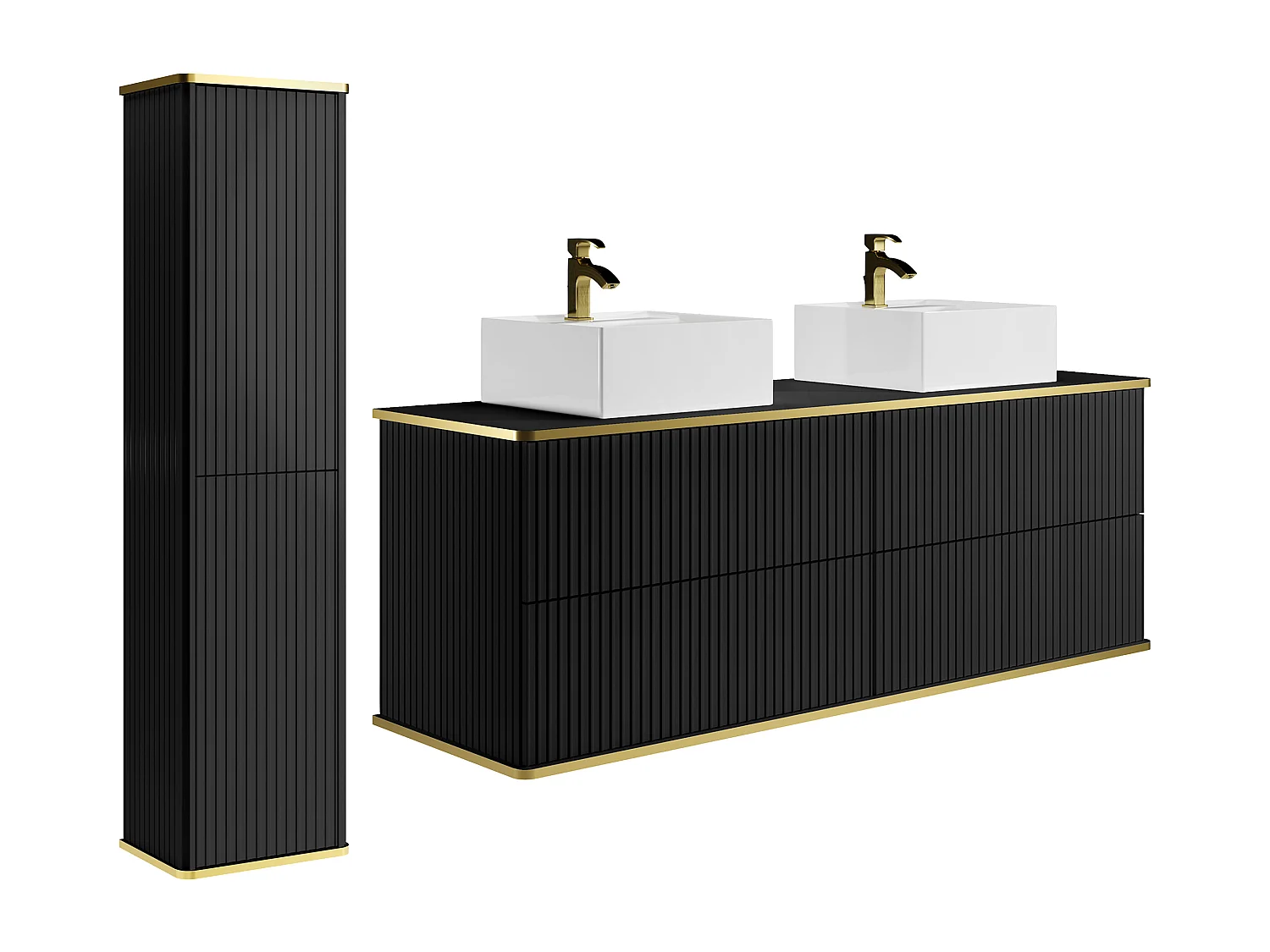 Meuble de salle de bain suspendu strié avec double  vasque à poser carrée et colonne - Noir - 120 cm - KELIZA