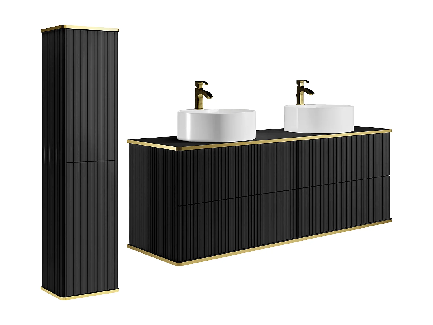Meuble de salle de bain suspendu strié avec double vasque à poser ronde et colonne - Noir - 120 cm - KELIZA