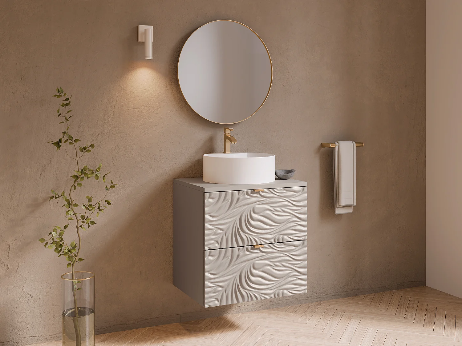 Texturierter Hänge-Waschtischunterschrank mit Ablage – Beige – 60 cm – RINAREL