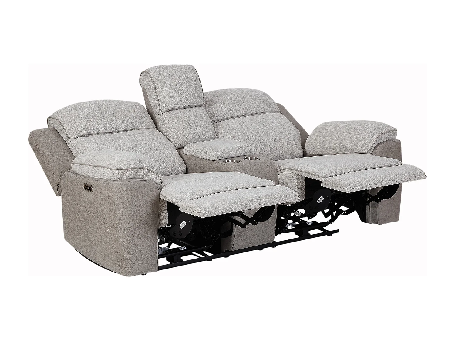 Canapé 2 places relax électrique en tissu gris clair et simili gris avec tablette MEPONA
