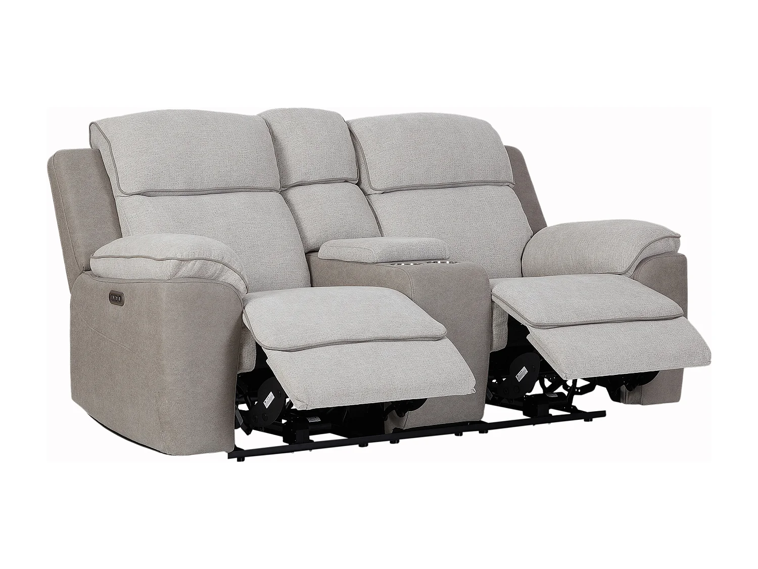 Canapé 2 places relax électrique en tissu gris clair et simili gris avec tablette MEPONA