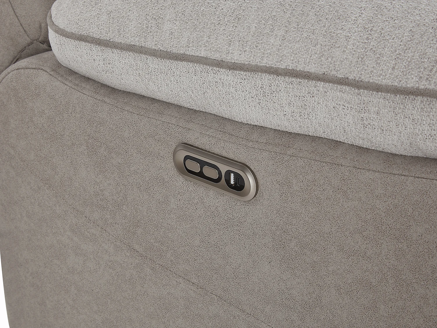 Canapé 2 places relax électrique en tissu gris clair et simili gris avec tablette MEPONA