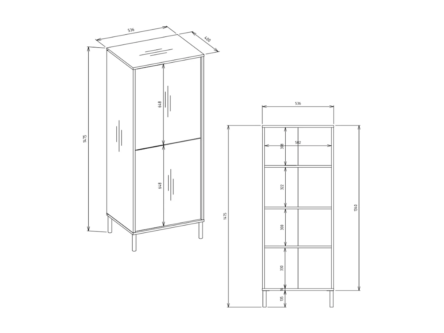 Buffet haut, chêne Artisan, 53,5 x 147,5 x 40 cm