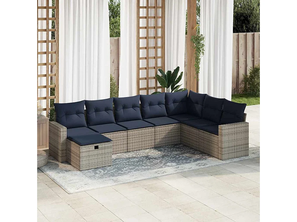 Salon de jardin 8 pièces avec coussins gris résine tressée
