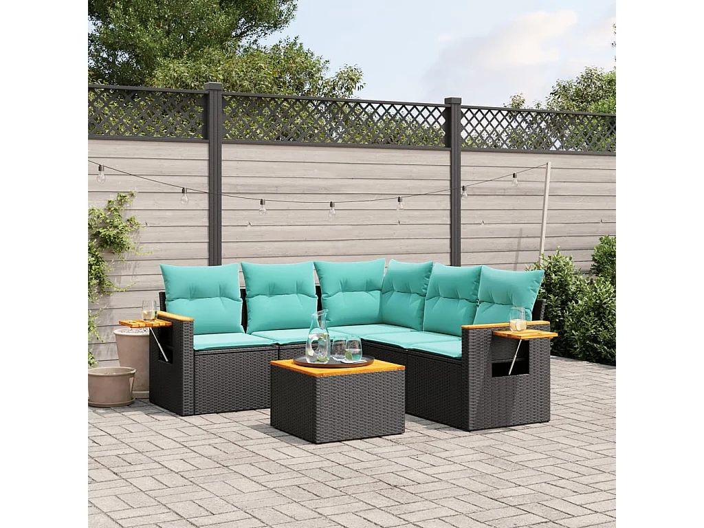 Set de sofás de jardín 6 piezas con cojines ratán sintético negro