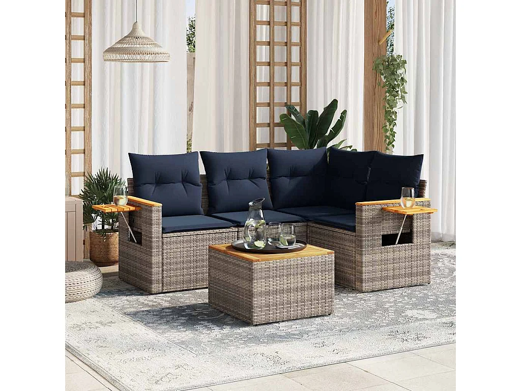 Set de sofás de jardín 5 piezas con cojines ratán sintético gris