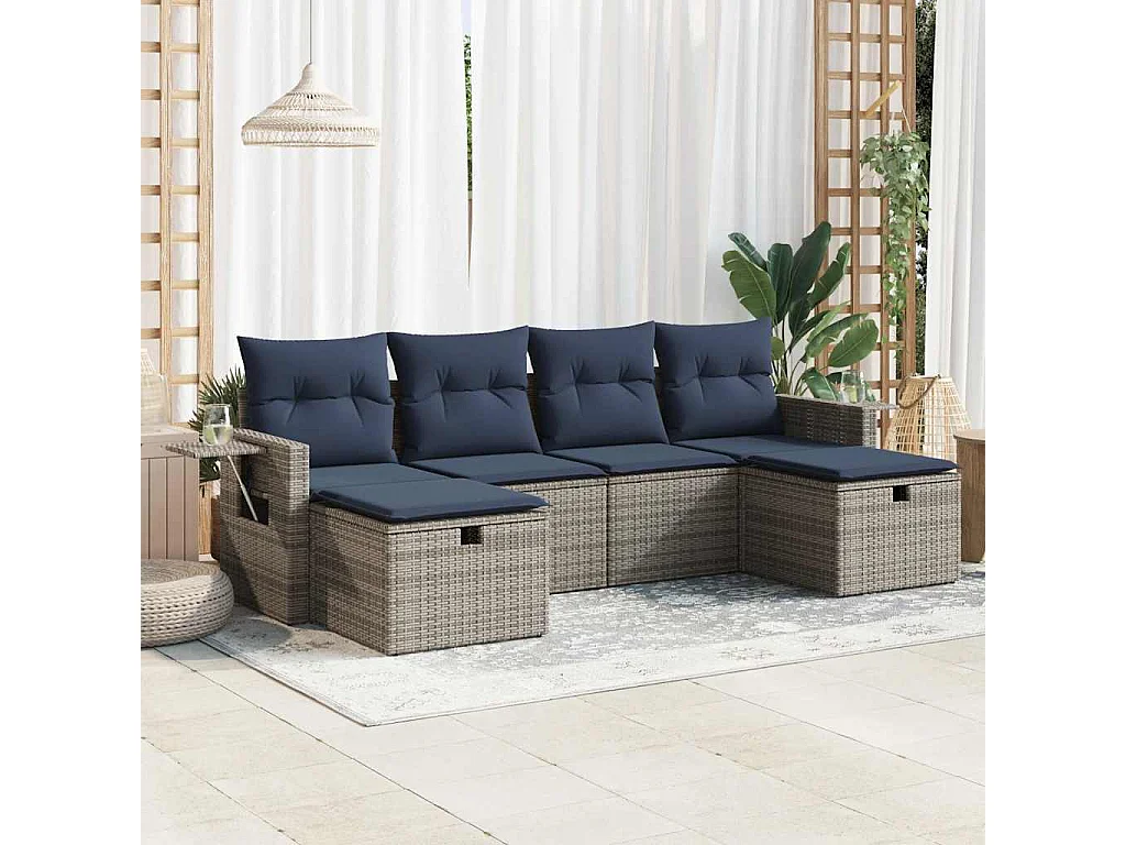 Salon de jardin 6 pièces avec coussins gris résine tressée