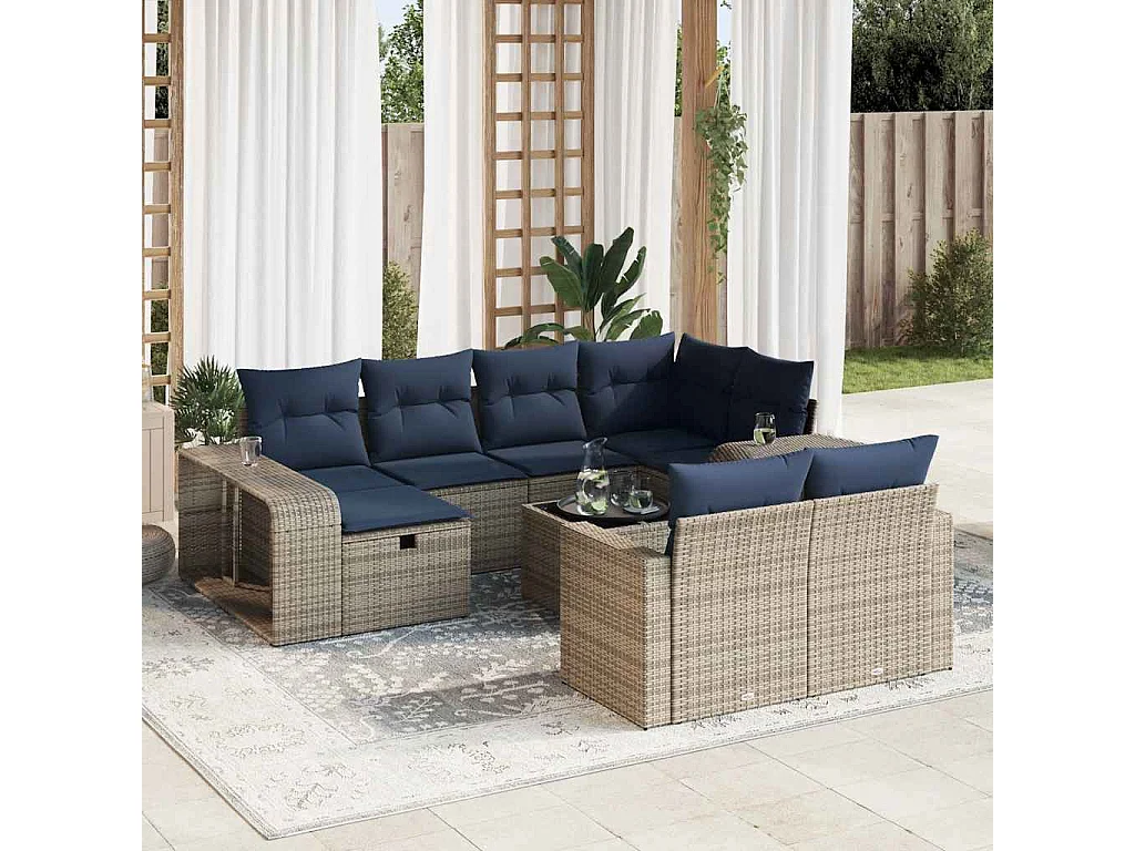 Salon de jardin 11 pièces avec coussins gris résine tressée