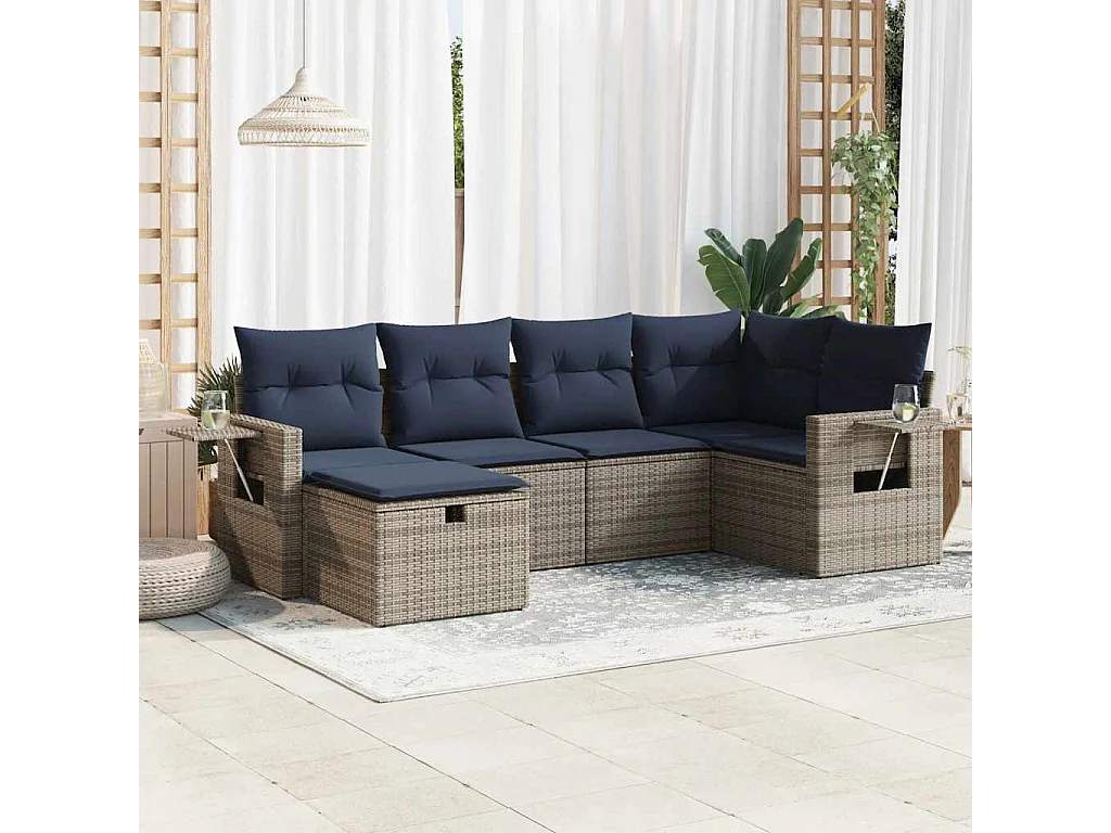 Salon de jardin 6 pièces avec coussins gris résine tressée