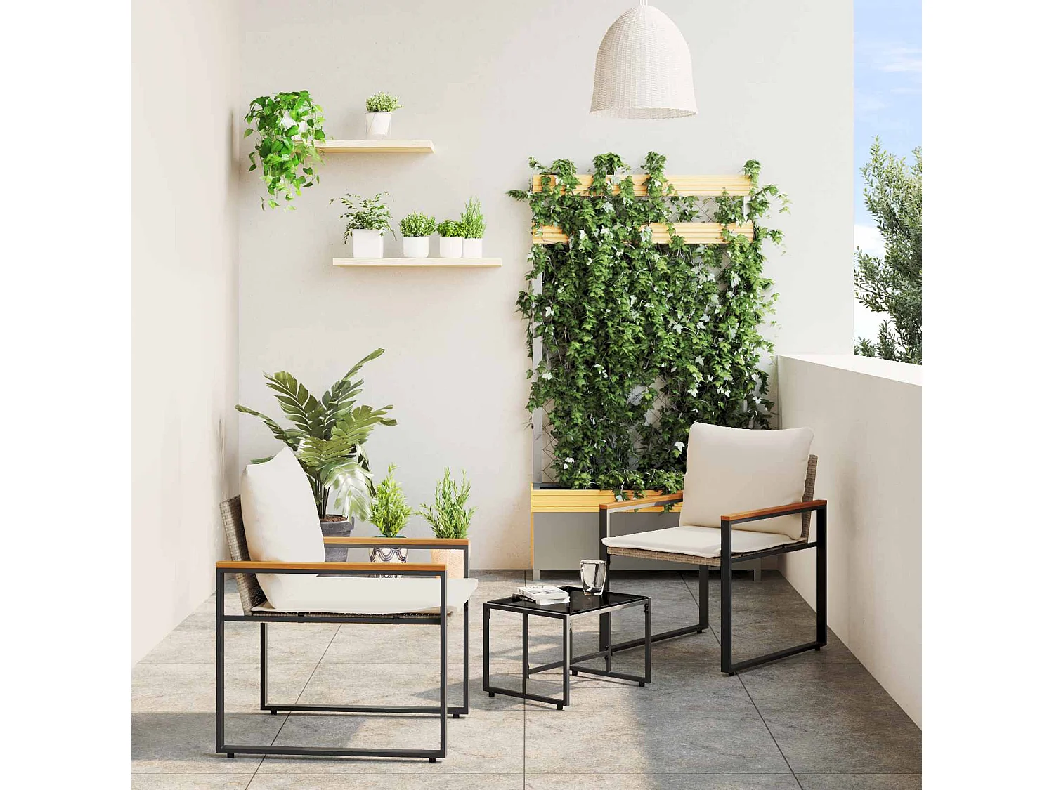 Juegos de muebles con cojín 3 pcs Beige y crema Ratán