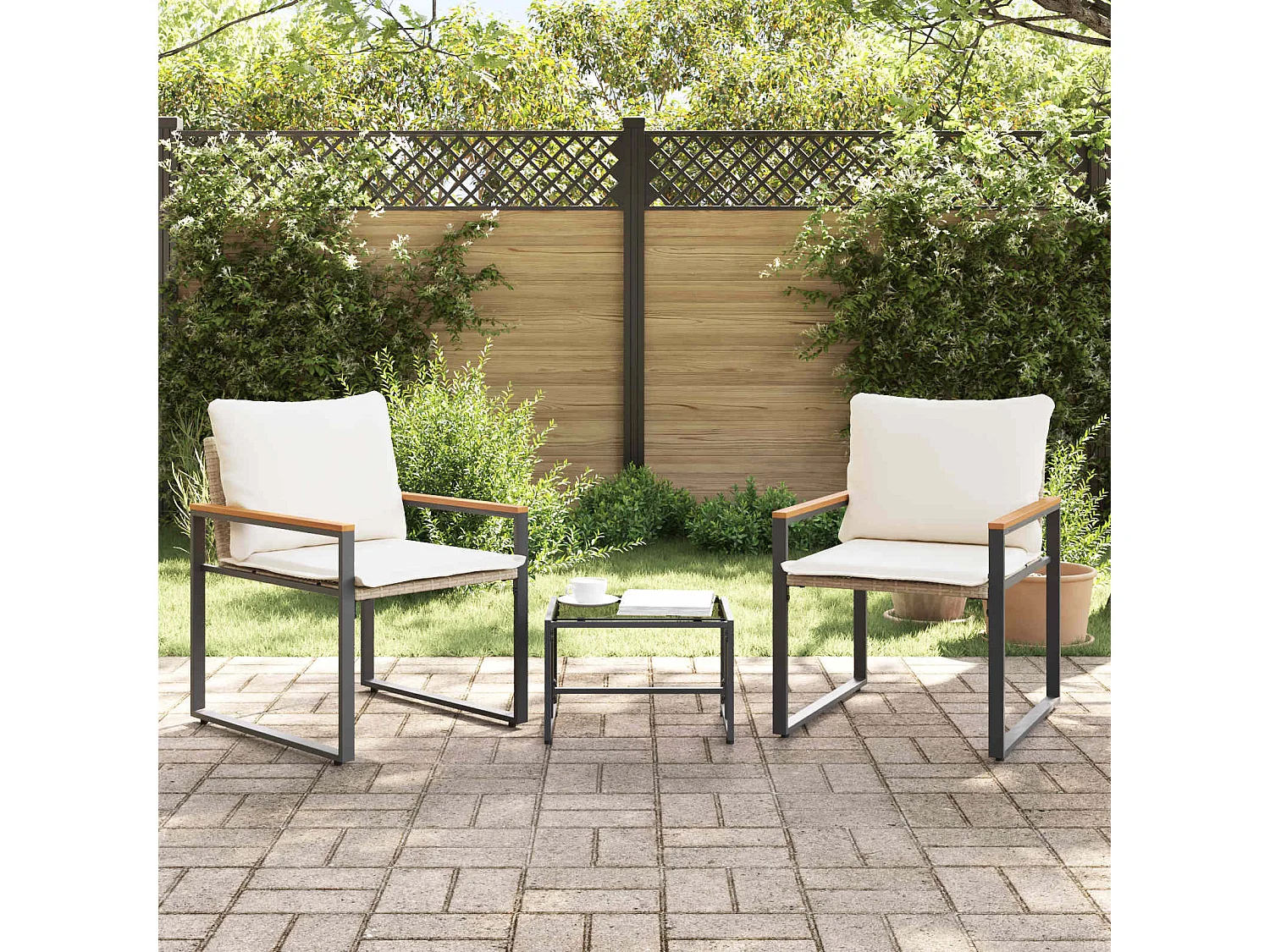 Juegos de muebles con cojín 3 pcs Beige y crema Ratán