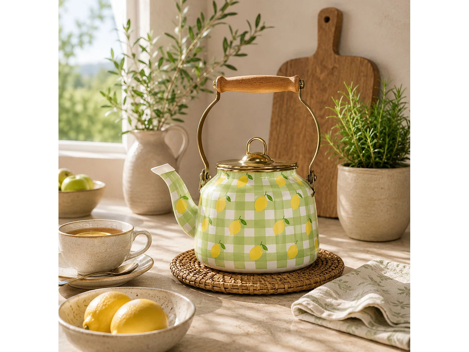 Menastyl - Bouilloire Vichy Citron 2.5l En Acier émaillé