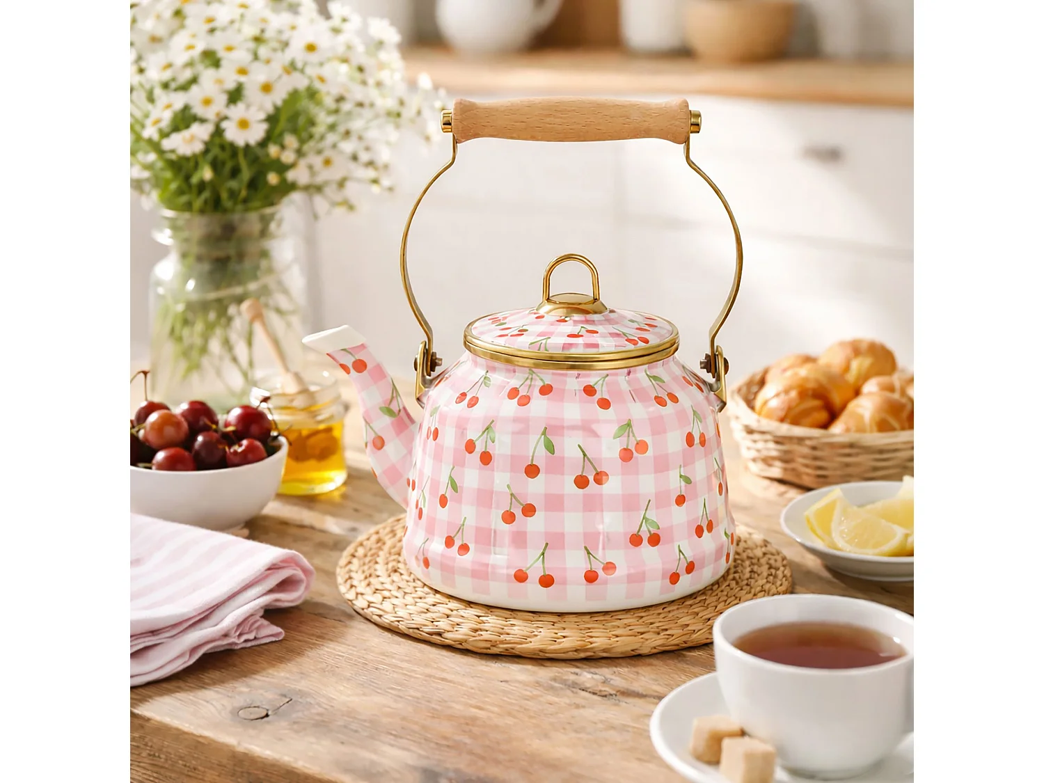 Menastyl - Bouilloire Vichy Cerise 2.5l En Acier émaillé