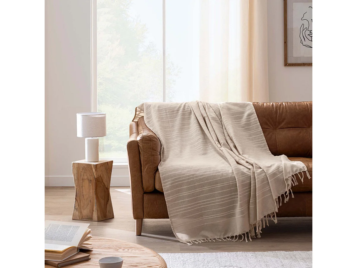 Plaid à Franges "Lilia" 240x260cm Beige Lin