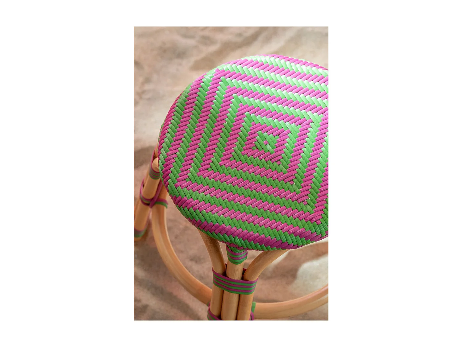 Tabouret en Rotin "Geo" 46cm Rose & Vert