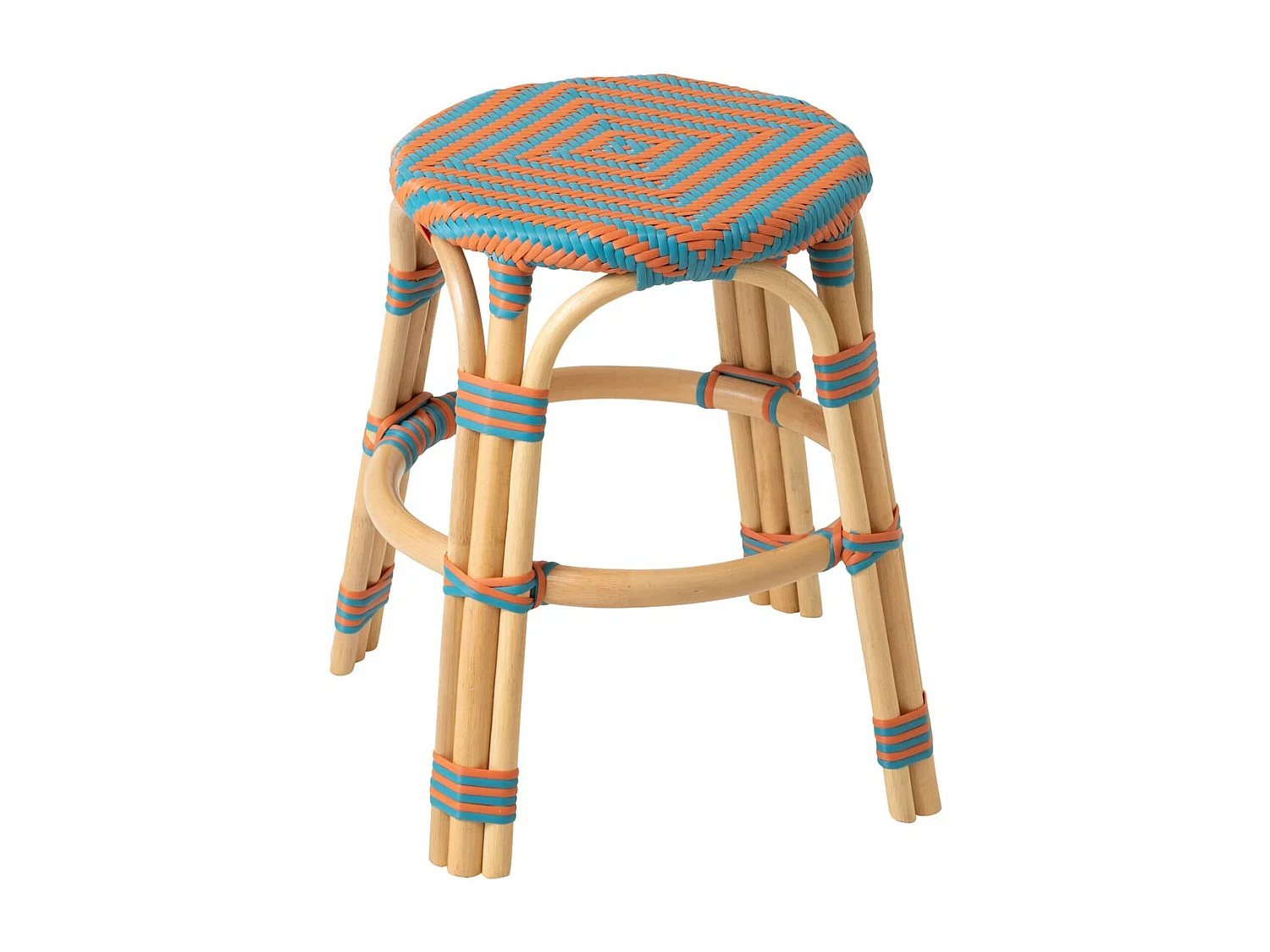 Tabouret en Rotin "Geo" 46cm Orange & Turquoise