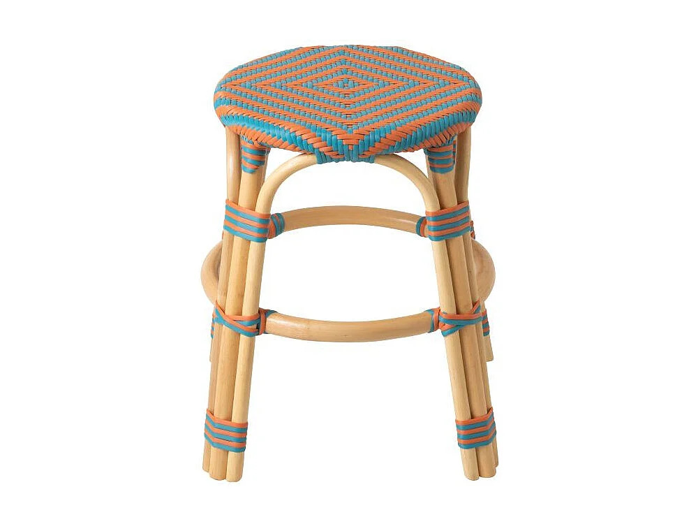 Tabouret en Rotin "Geo" 46cm Orange & Turquoise