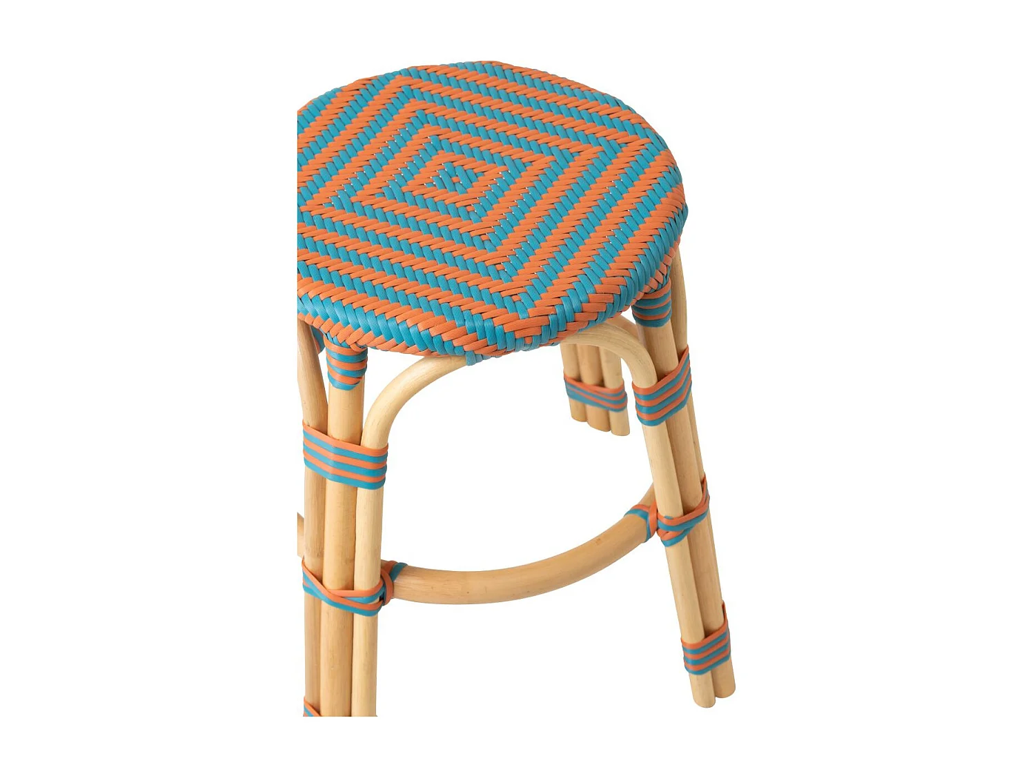 Tabouret en Rotin "Geo" 46cm Orange & Turquoise