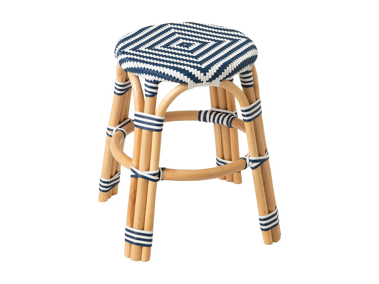 Tabouret en Rotin "Geo" 46cm Bleu & Blanc