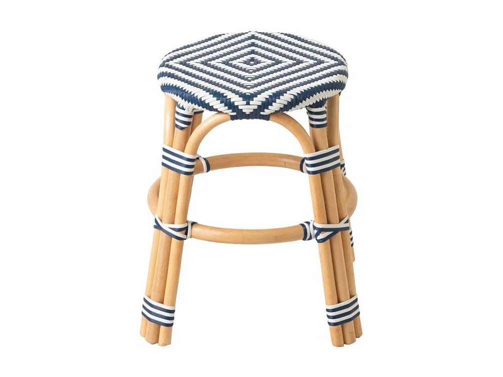 Tabouret en Rotin "Geo" 46cm Bleu & Blanc