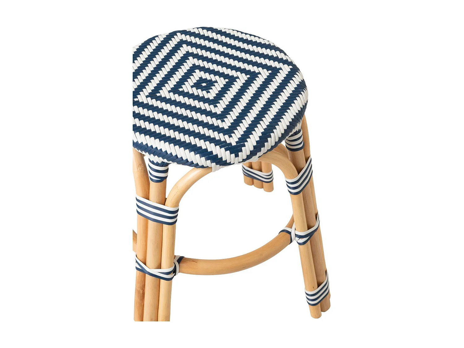 Tabouret en Rotin "Geo" 46cm Bleu & Blanc