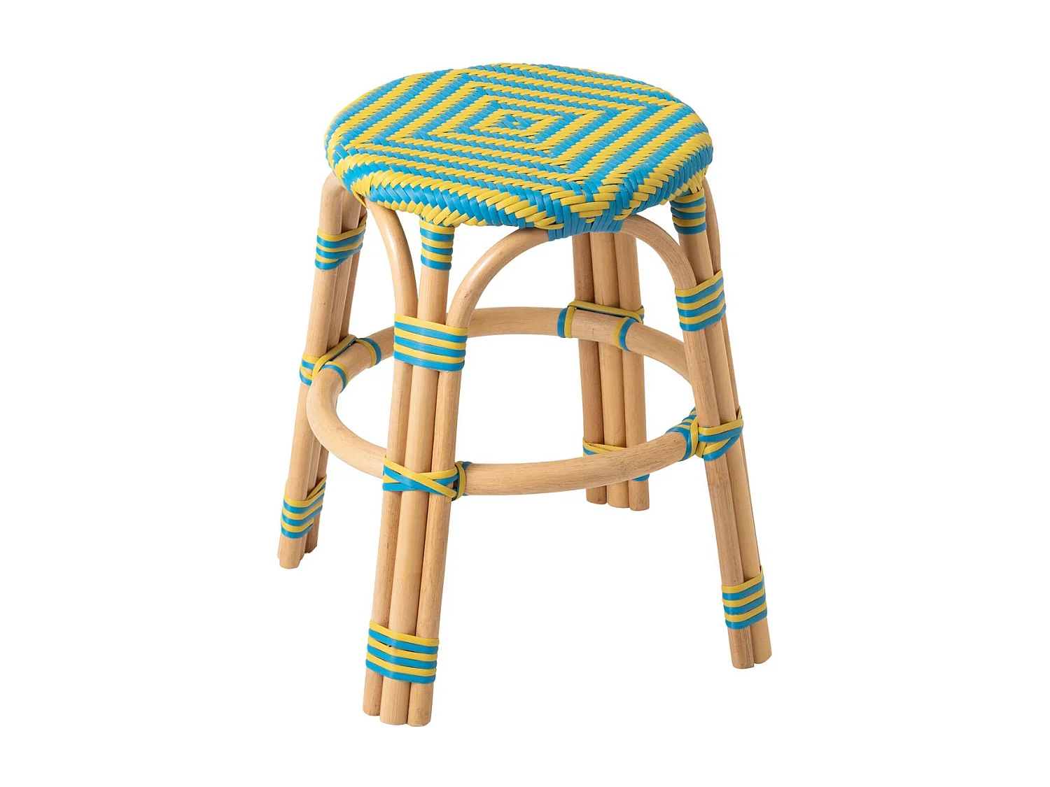 Tabouret en Rotin "Geo" 46cm Jaune & Bleu