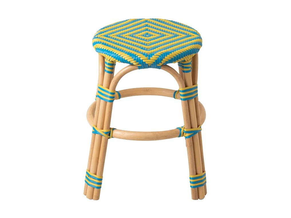 Tabouret en Rotin "Geo" 46cm Jaune & Bleu