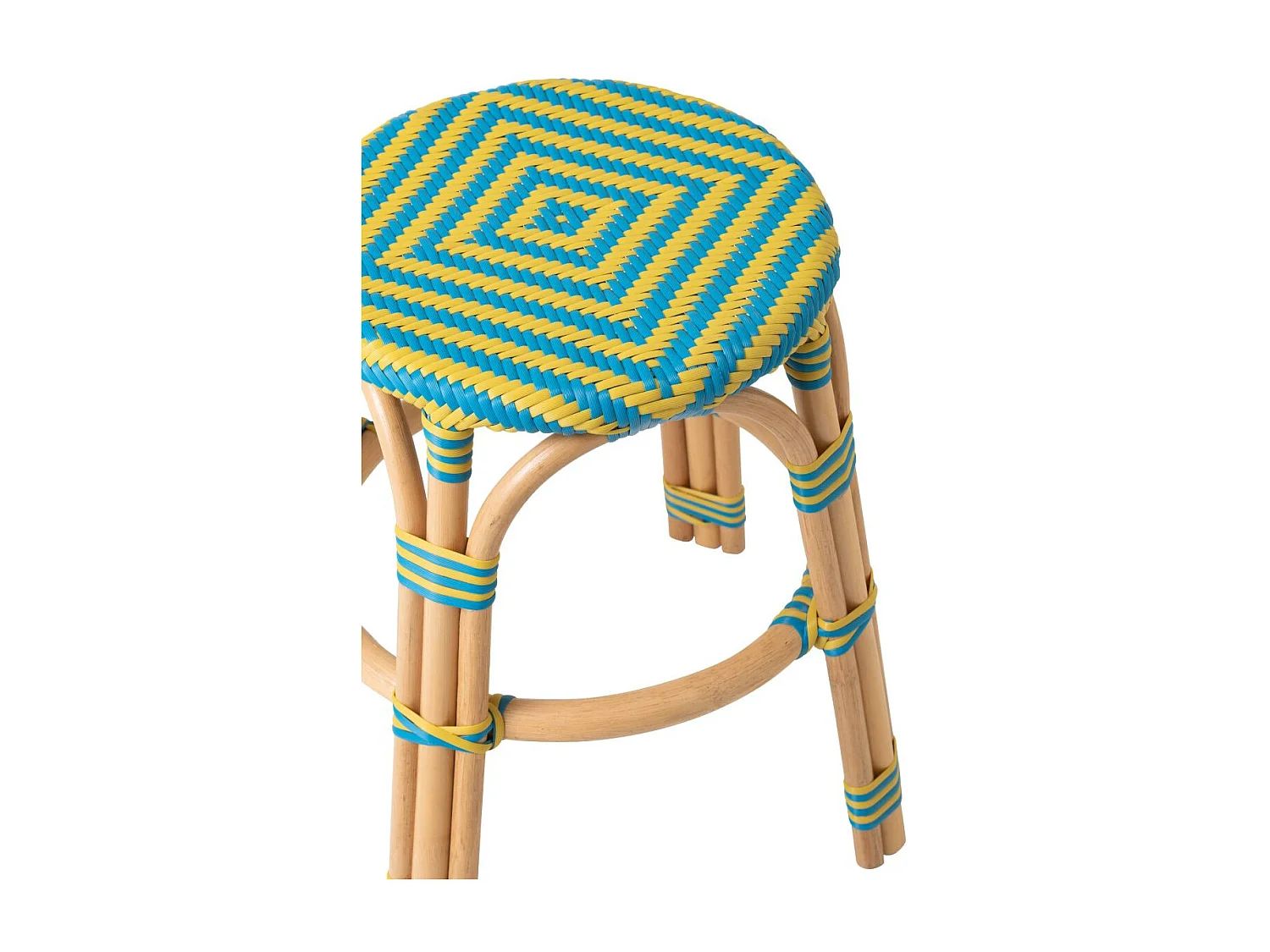 Tabouret en Rotin "Geo" 46cm Jaune & Bleu