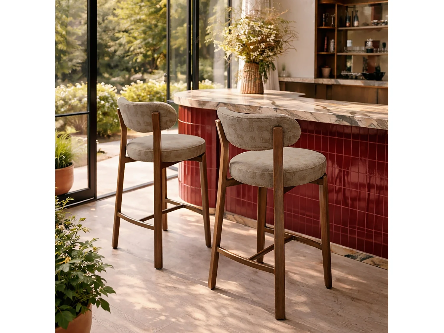 Now's Home - Lot 2 Chaises/bar Tissu Structuré Taupe Et Métal Effet Bois50x50x90 Suzie