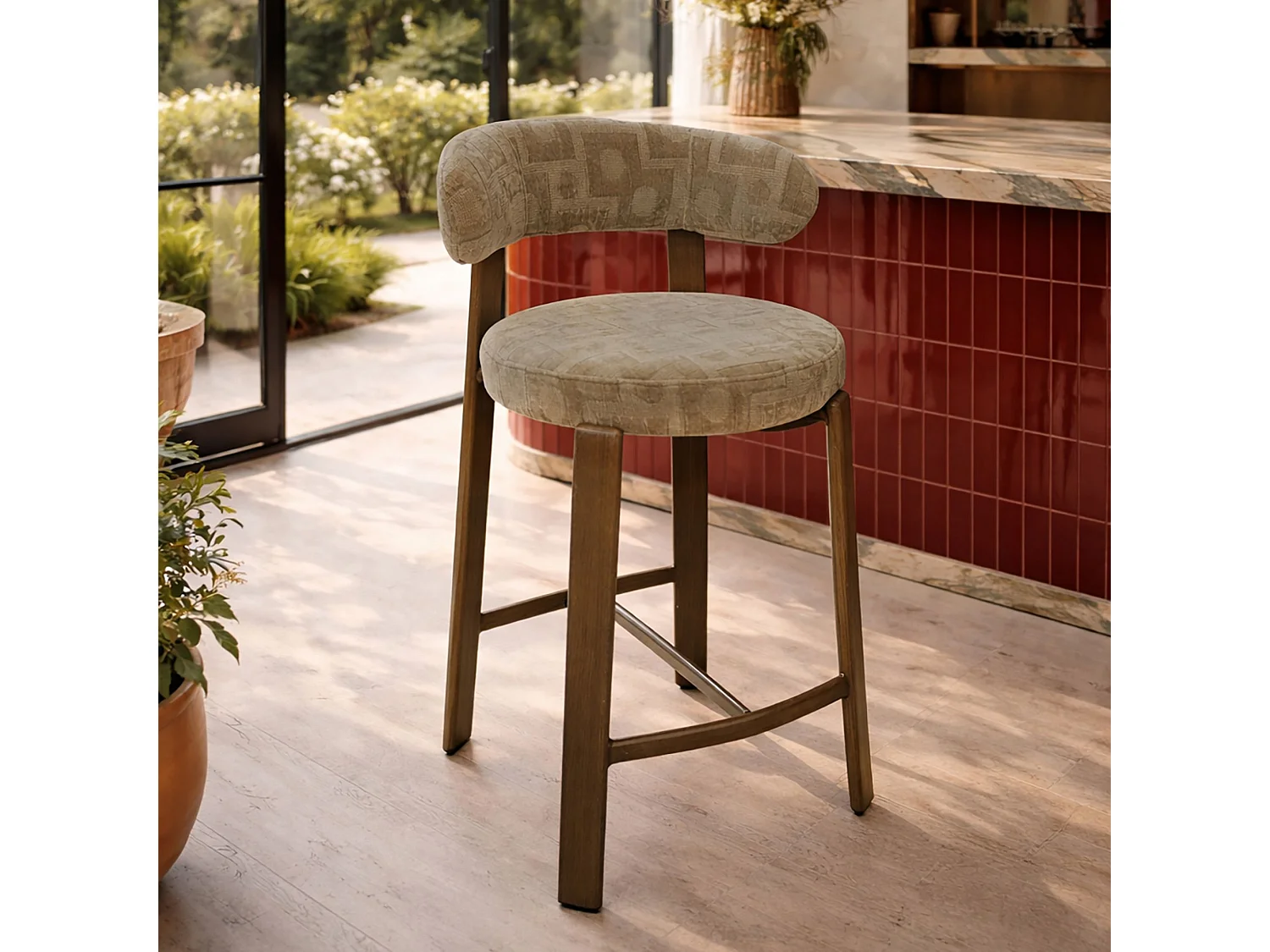 Now's Home - Lot 2 Chaises/bar Tissu Structuré Taupe Et Métal Effet Bois50x50x90 Suzie