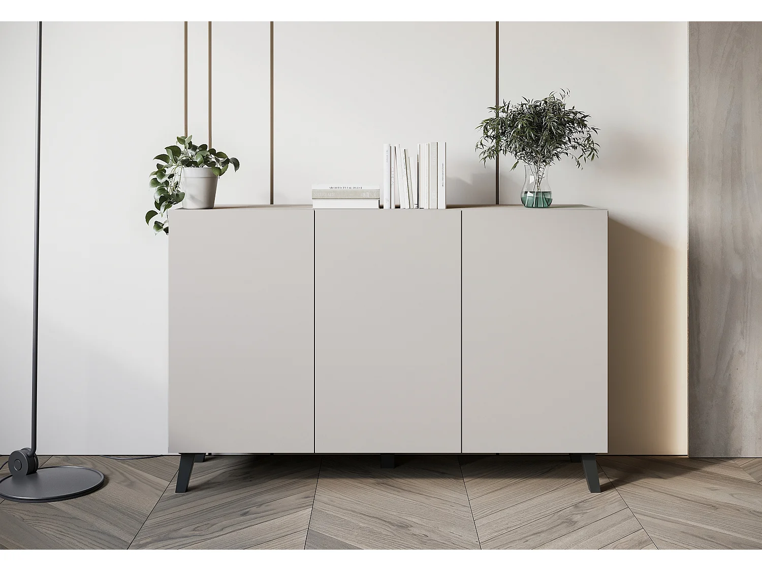 Commode moderne 120 cm sur pieds pour salon beige cachemire minimaliste