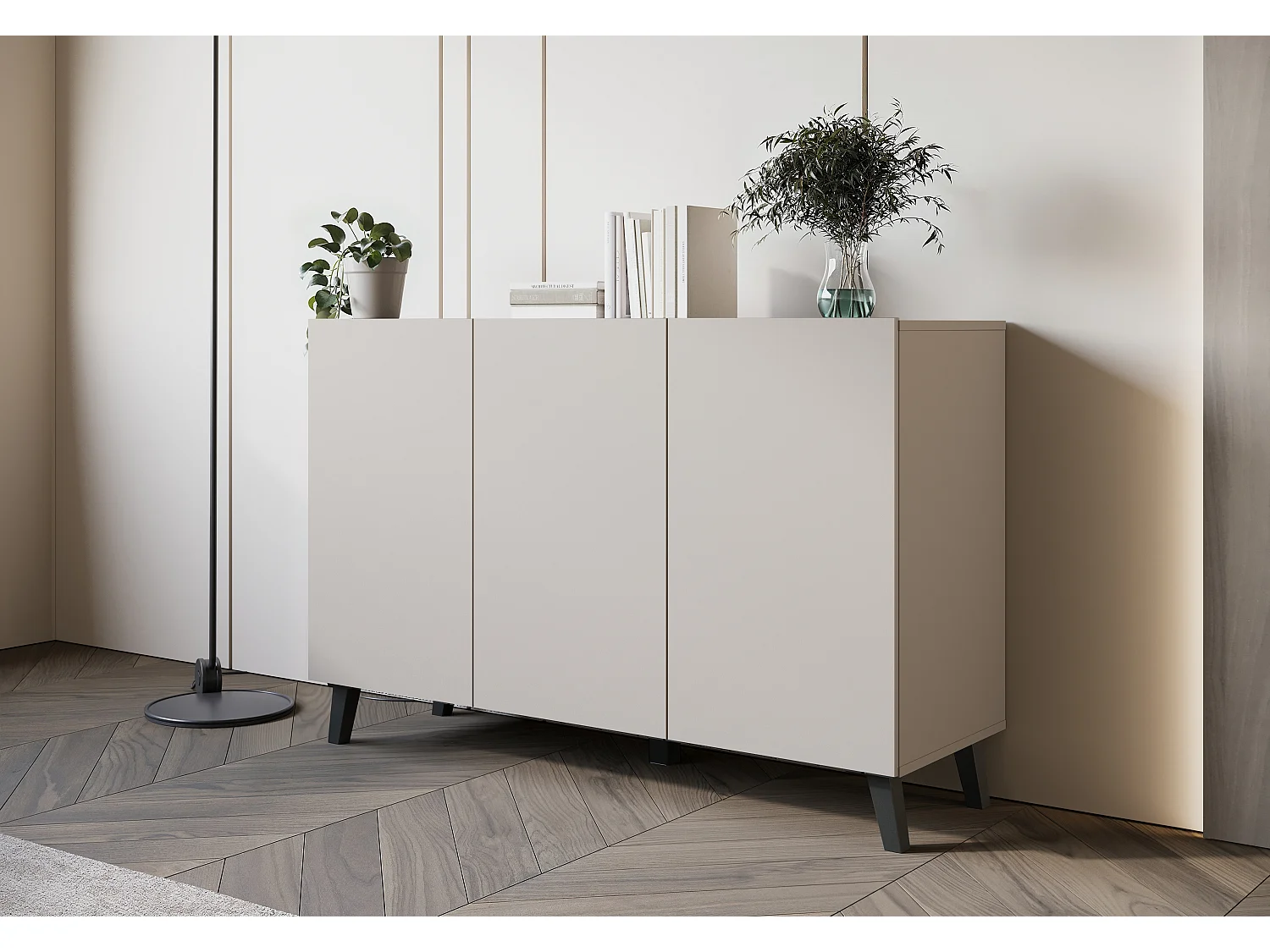 Commode moderne 120 cm sur pieds pour salon beige cachemire minimaliste